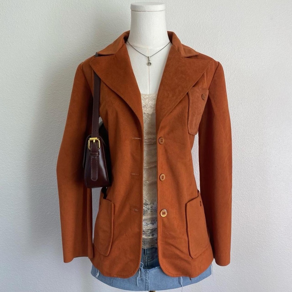 Vintage My Antonio Orange Faux Suede Blazer Wide Pointed Lapels Patch Pockets